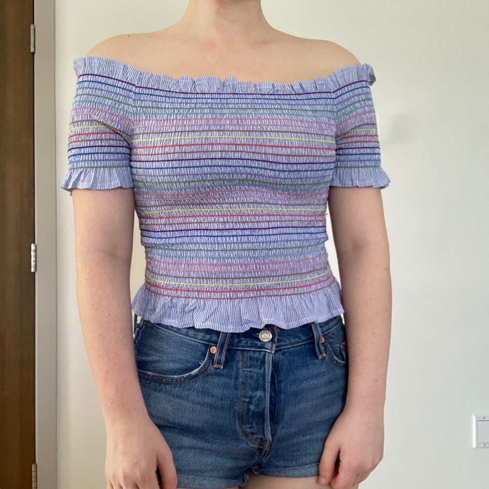 Rainbow Ribbed Off The Shoulder Top 🌈